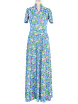 1970s Blue Floral Jersey Maxi Dress Dress arcadeshops.com