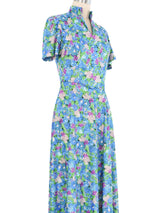 1970s Blue Floral Jersey Maxi Dress Dress arcadeshops.com