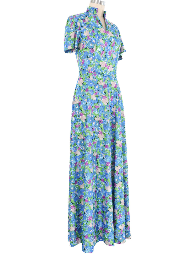 1970s Blue Floral Jersey Maxi Dress Dress arcadeshops.com