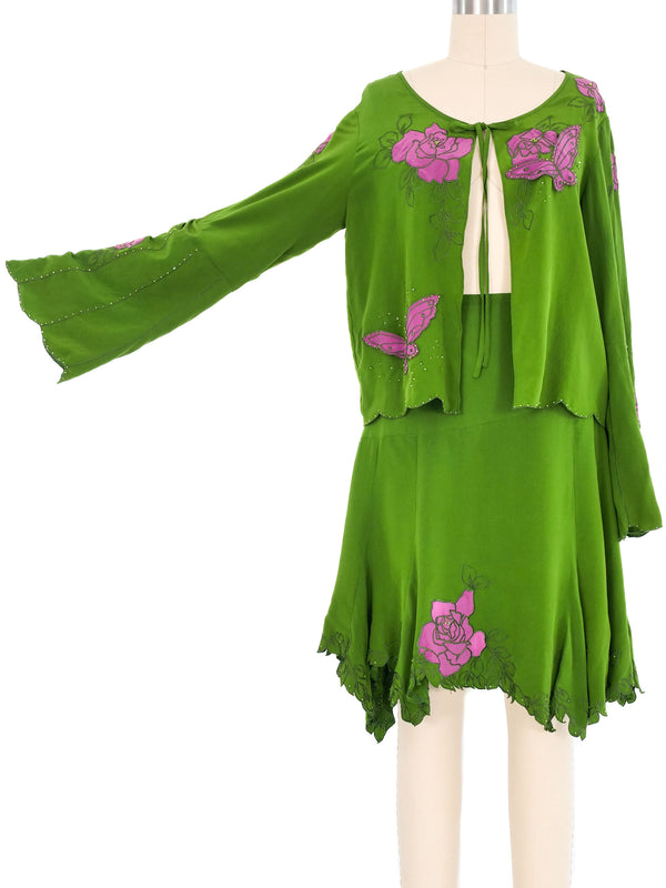 Green Silk Floral Applique Skirt Ensemble Suit arcadeshops.com