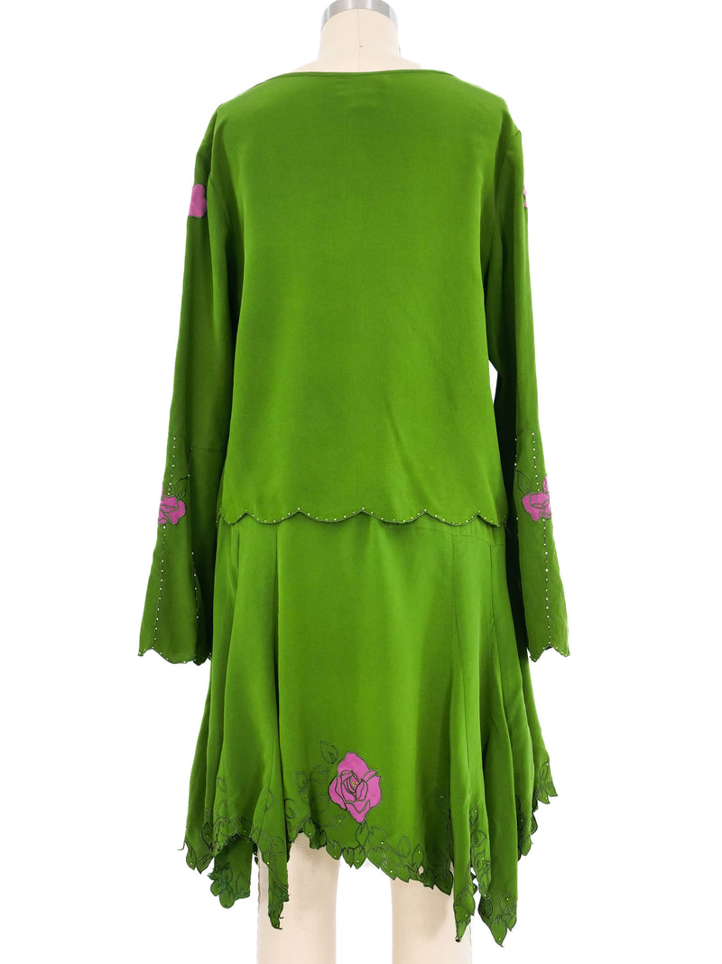 Green Silk Floral Applique Skirt Ensemble Suit arcadeshops.com
