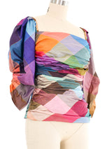 Vicky Tiel Rainbow Check Puff Sleeve Top Top arcadeshops.com