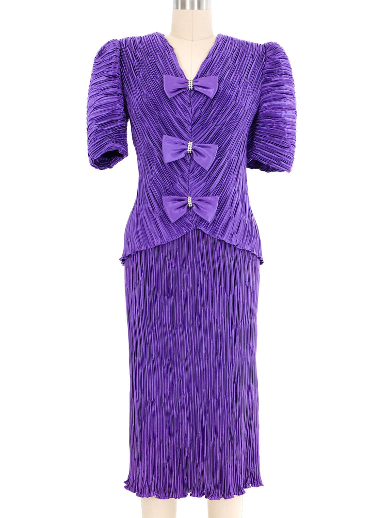 1980s Purple Bow Embellished Plisse Pleat Ensemble Suit arcadeshops.com