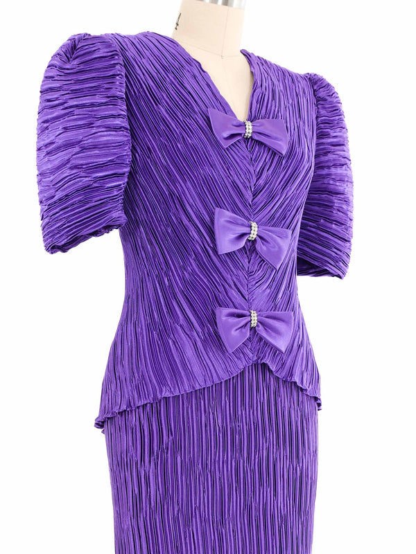 1980s Purple Bow Embellished Plisse Pleat Ensemble Suit arcadeshops.com