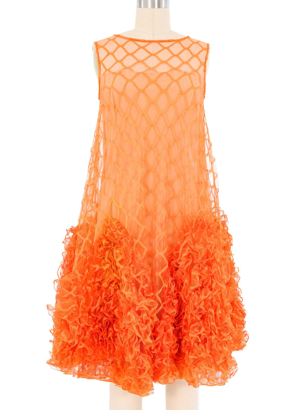 1970s Orange Ruffled Mesh Swing Dress Dress arcadeshops.com