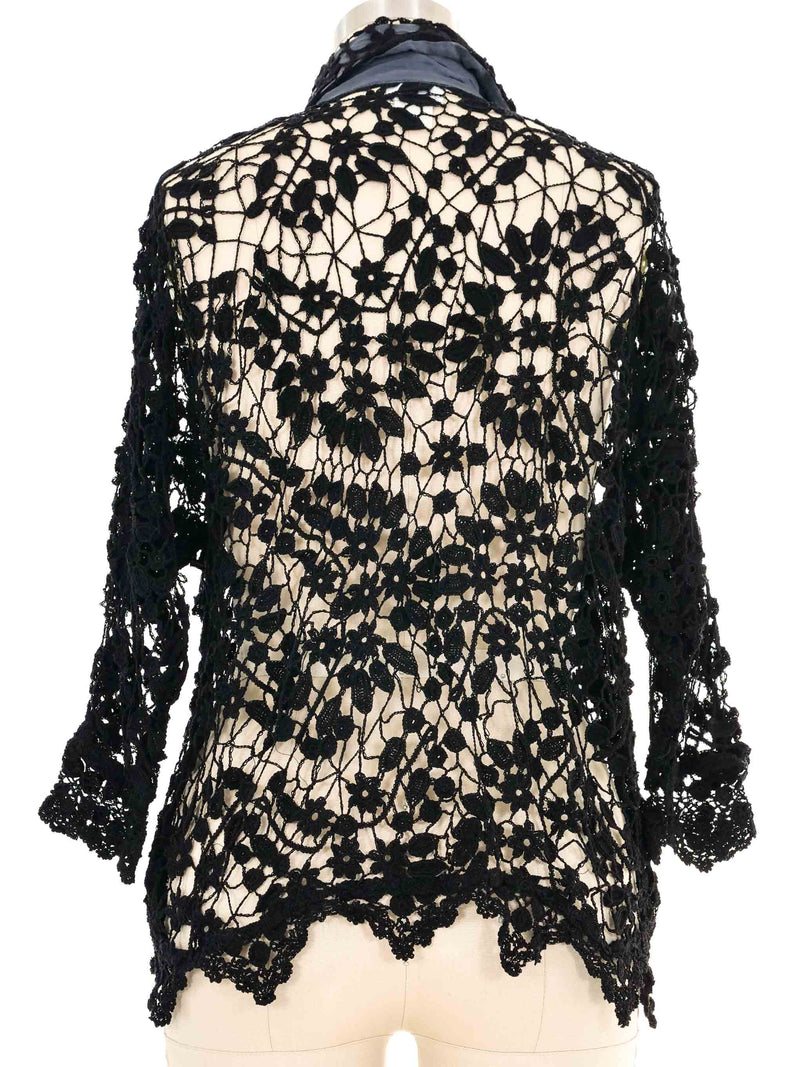 Black Silk Trimmed Crochet Lace Blouse Top arcadeshops.com