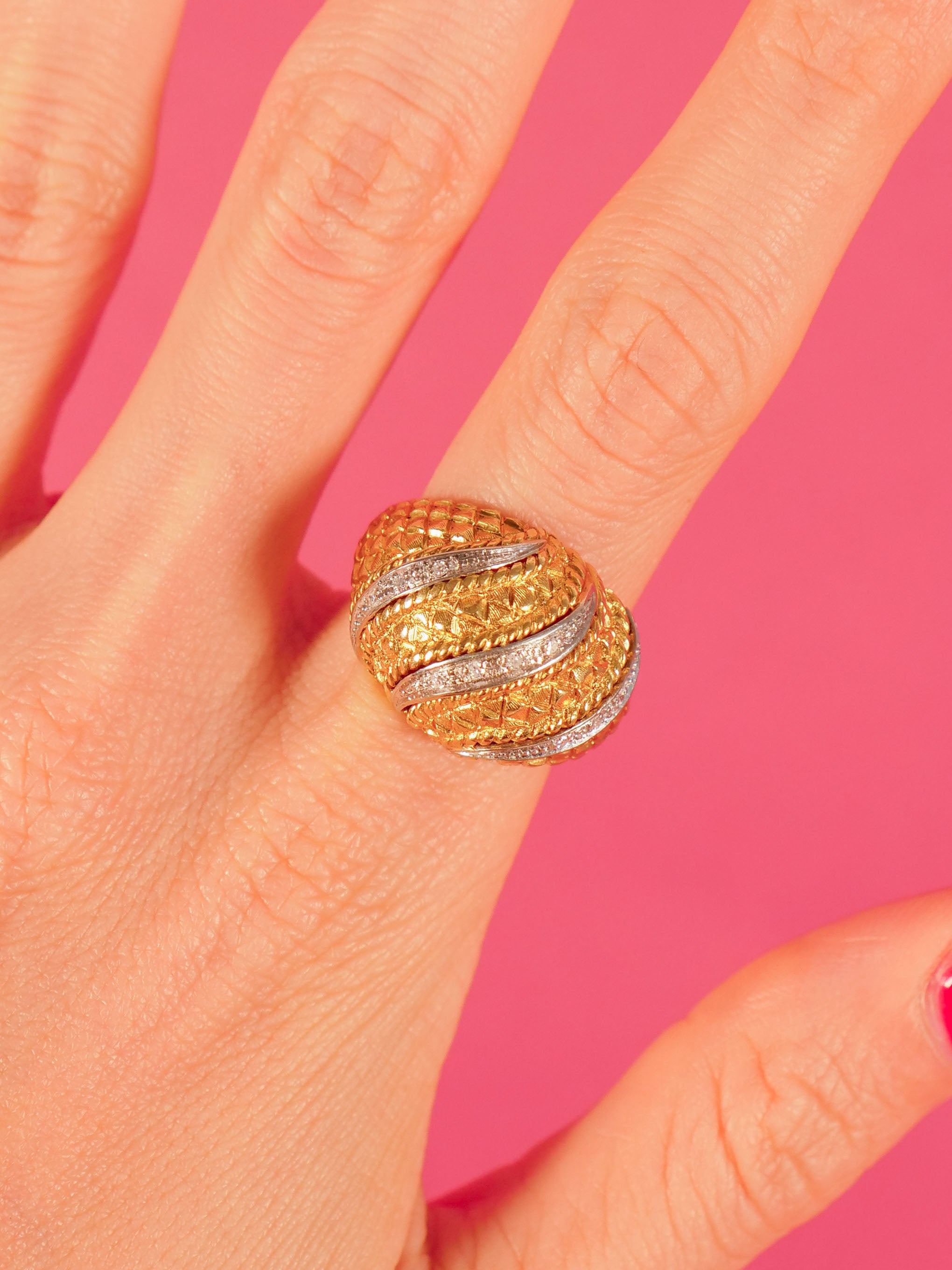 18k Textured Diamond Dome Ring