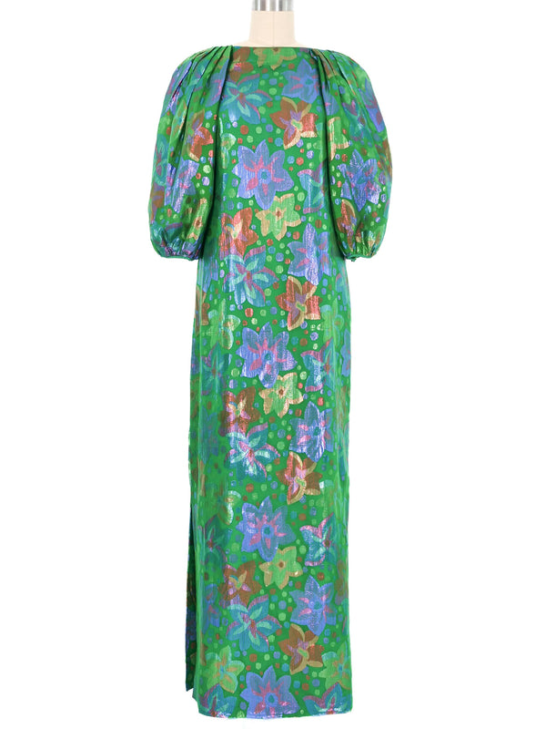 1970s Green Lame Floral Puff Sleeve Gown Dress arcadeshops.com