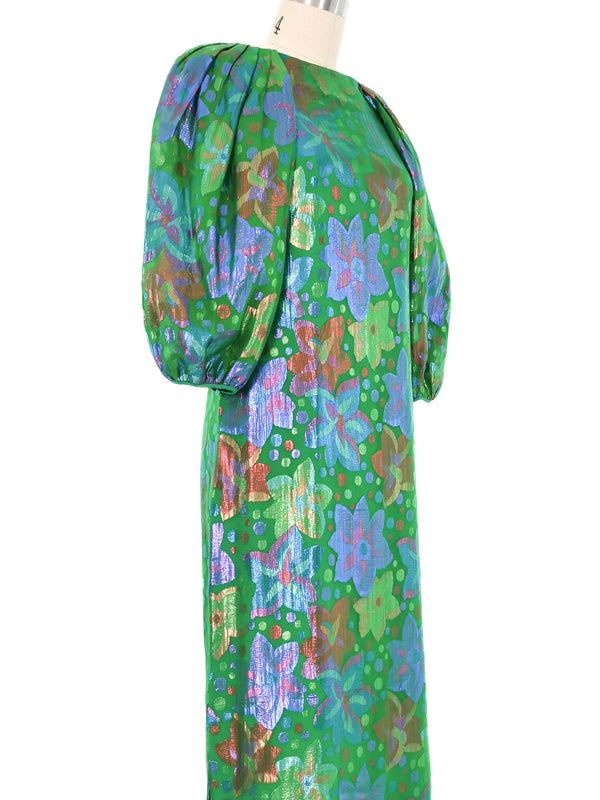 1970s Green Lame Floral Puff Sleeve Gown Dress arcadeshops.com