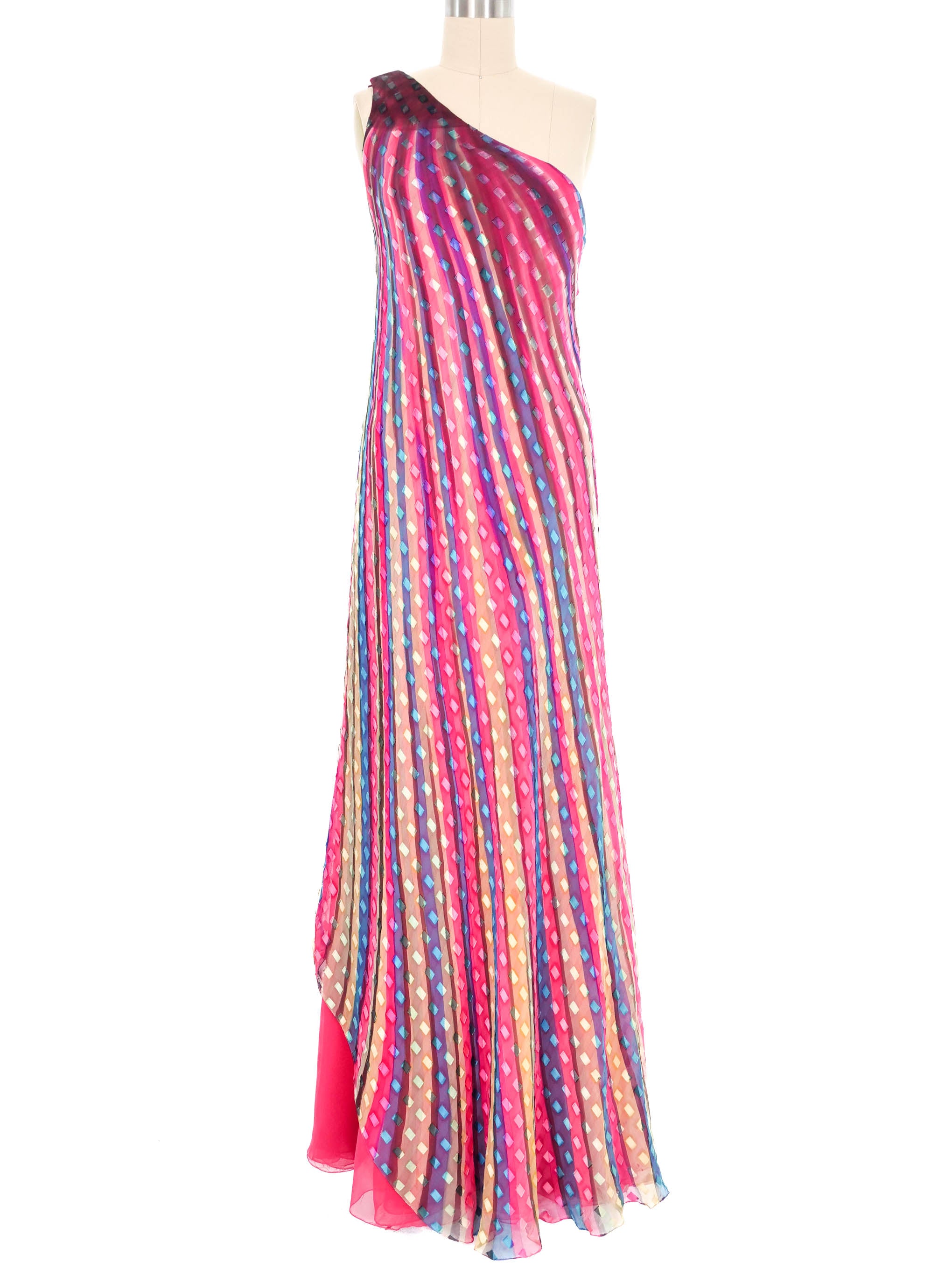 1970s Ruben Panis Candy Striped Silk Chiffon Gown