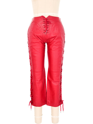 2002 Alexander McQueen Ultra-Low Rise Red Leather Pants