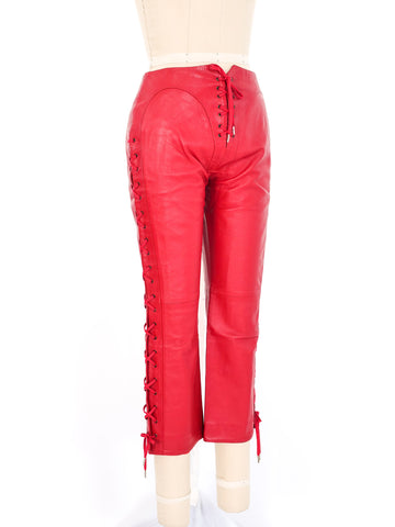 2002 Alexander McQueen Ultra-Low Rise Red Leather Pants