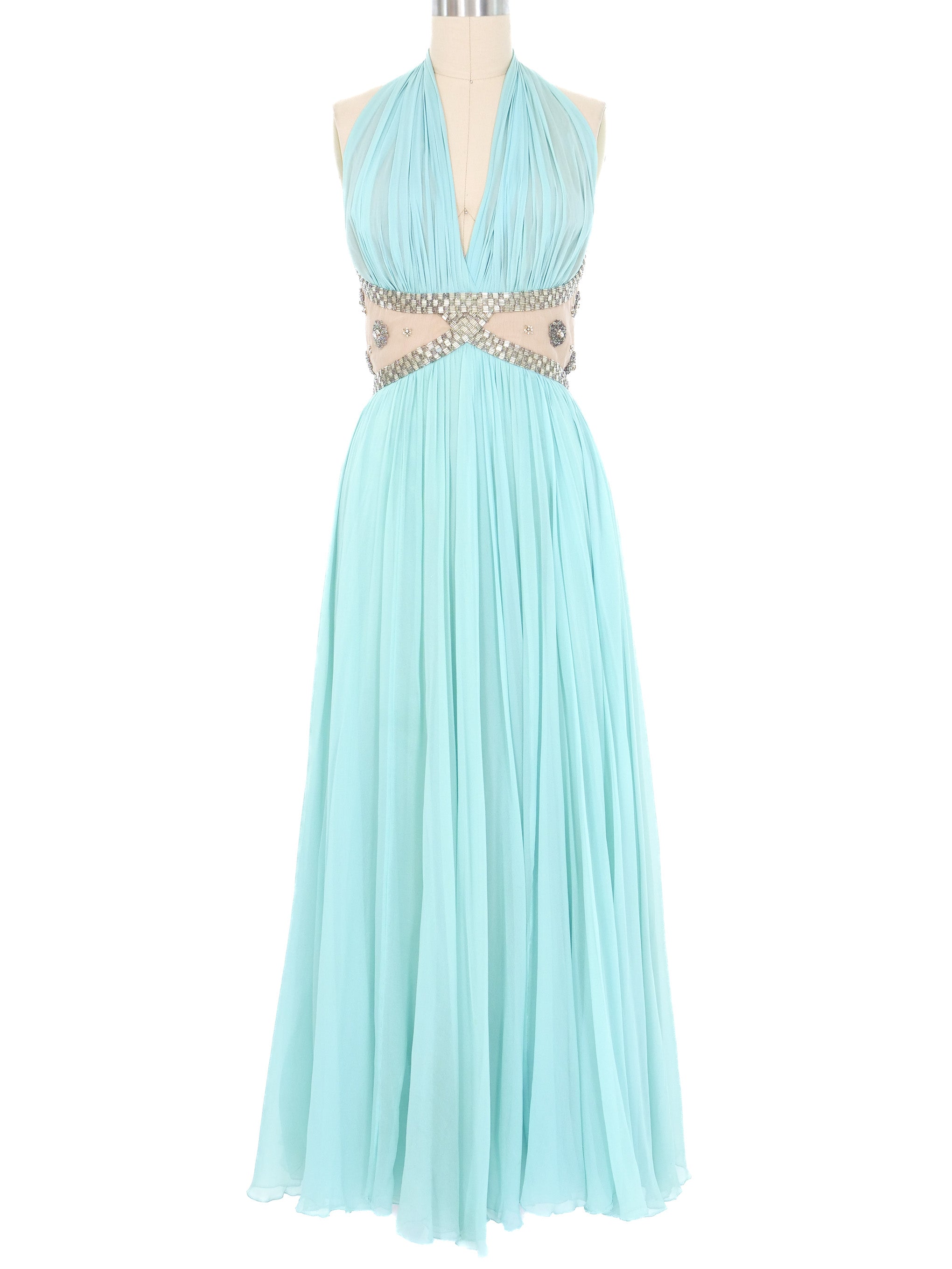 Richilene Aqua Embellished Chiffon Halter Gown