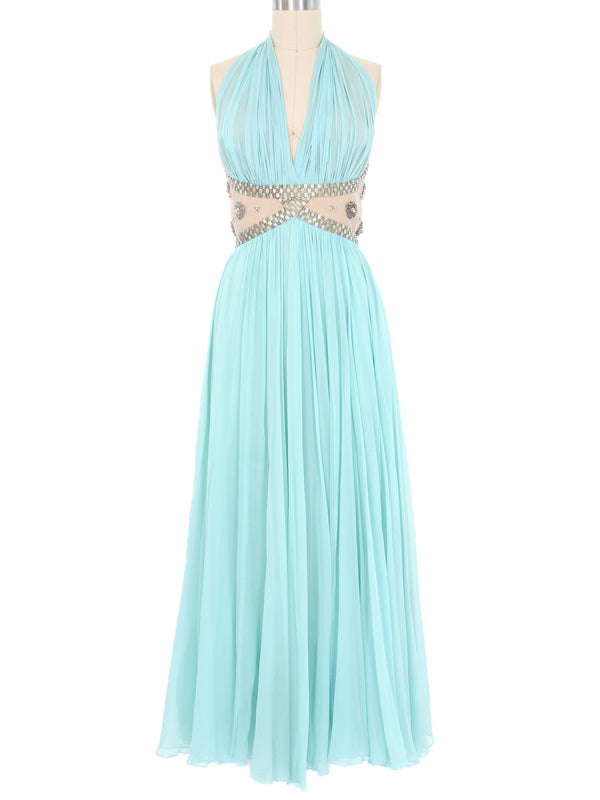 Richilene Aqua Embellished Chiffon Halter Gown Dress arcadeshops.com