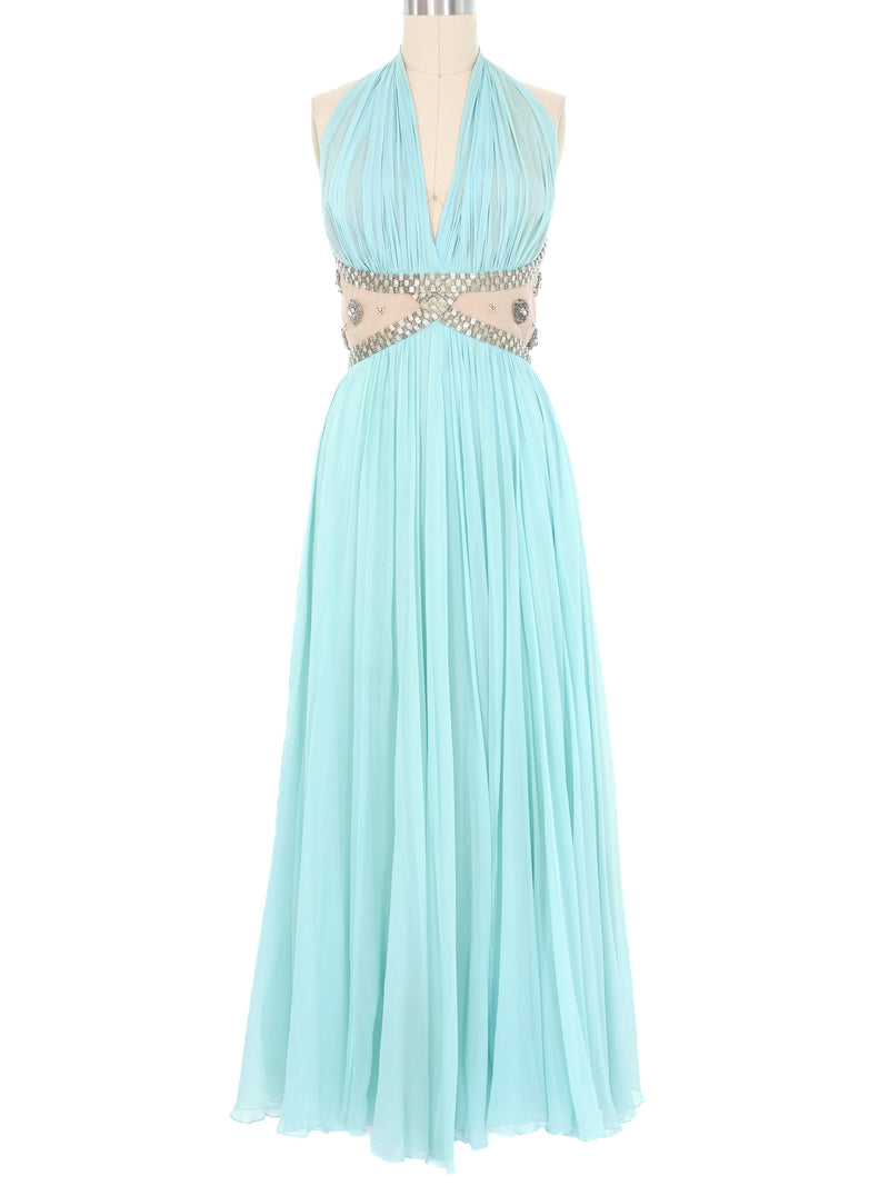 Richilene Aqua Embellished Chiffon Halter Gown Dress arcadeshops.com