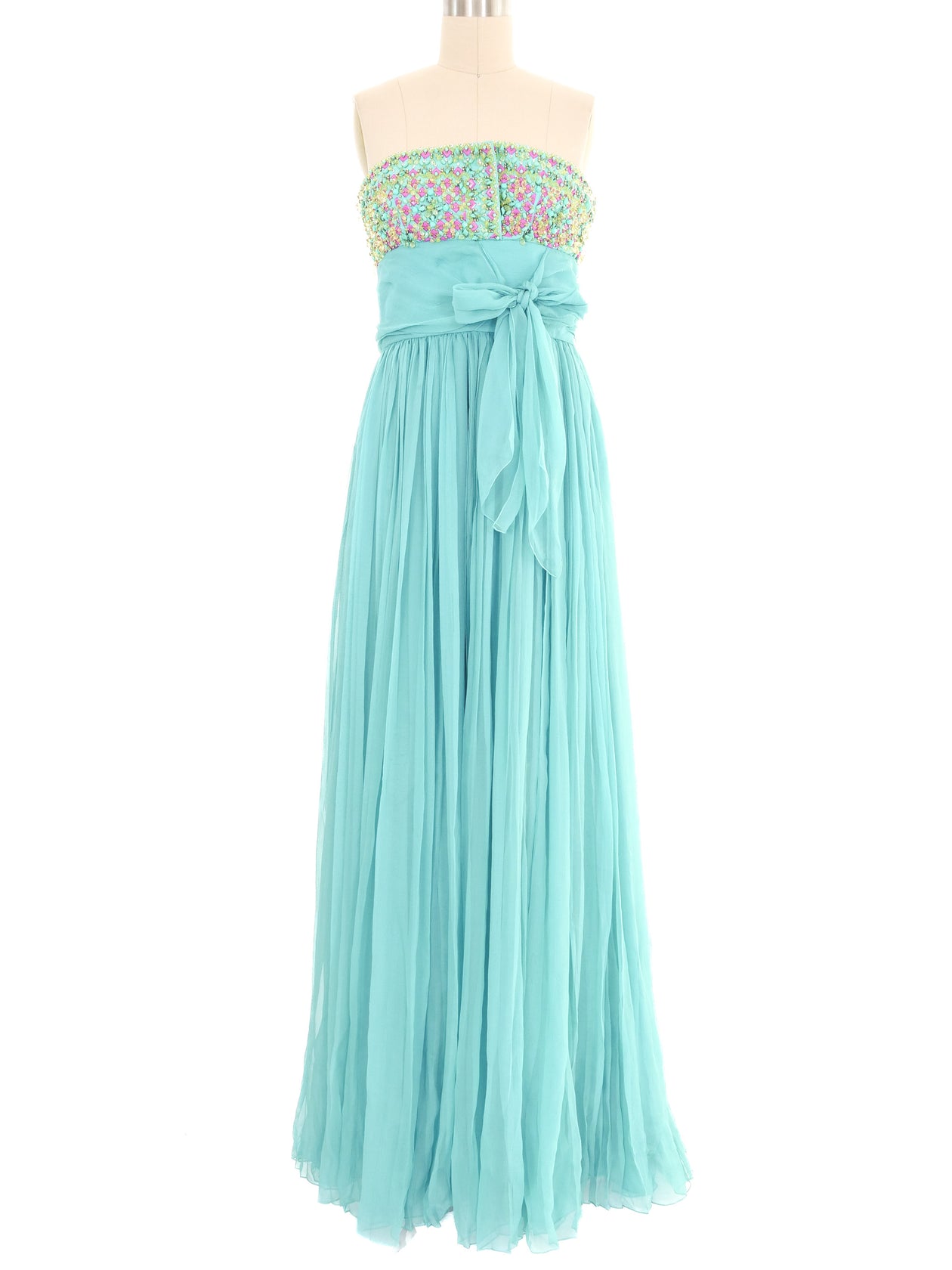 Christian Dior Turquoise Pleated Chiffon Strapless Gown