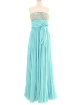 Christian Dior Turquoise Pleated Chiffon Strapless Gown Dress arcadeshops.com