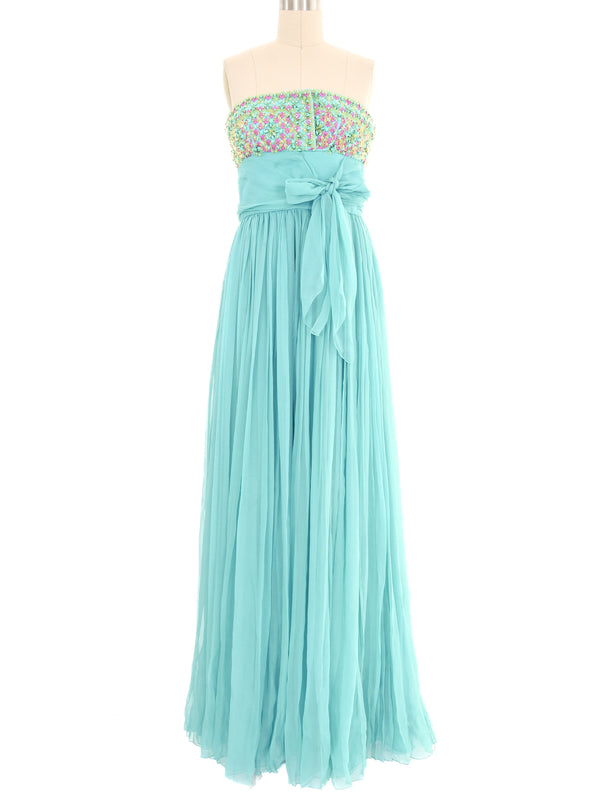 Christian Dior Turquoise Pleated Chiffon Strapless Gown Dress arcadeshops.com