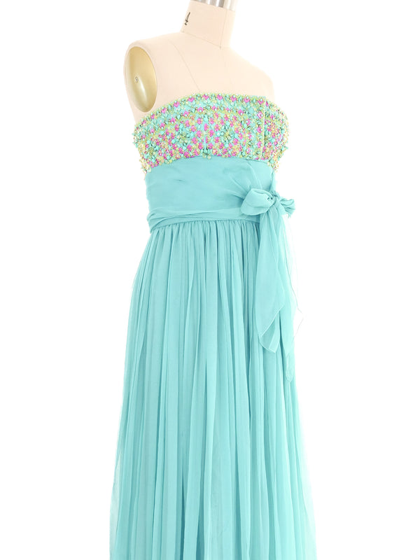 Christian Dior Turquoise Pleated Chiffon Strapless Gown Dress arcadeshops.com