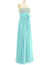 Christian Dior Turquoise Pleated Chiffon Strapless Gown Dress arcadeshops.com