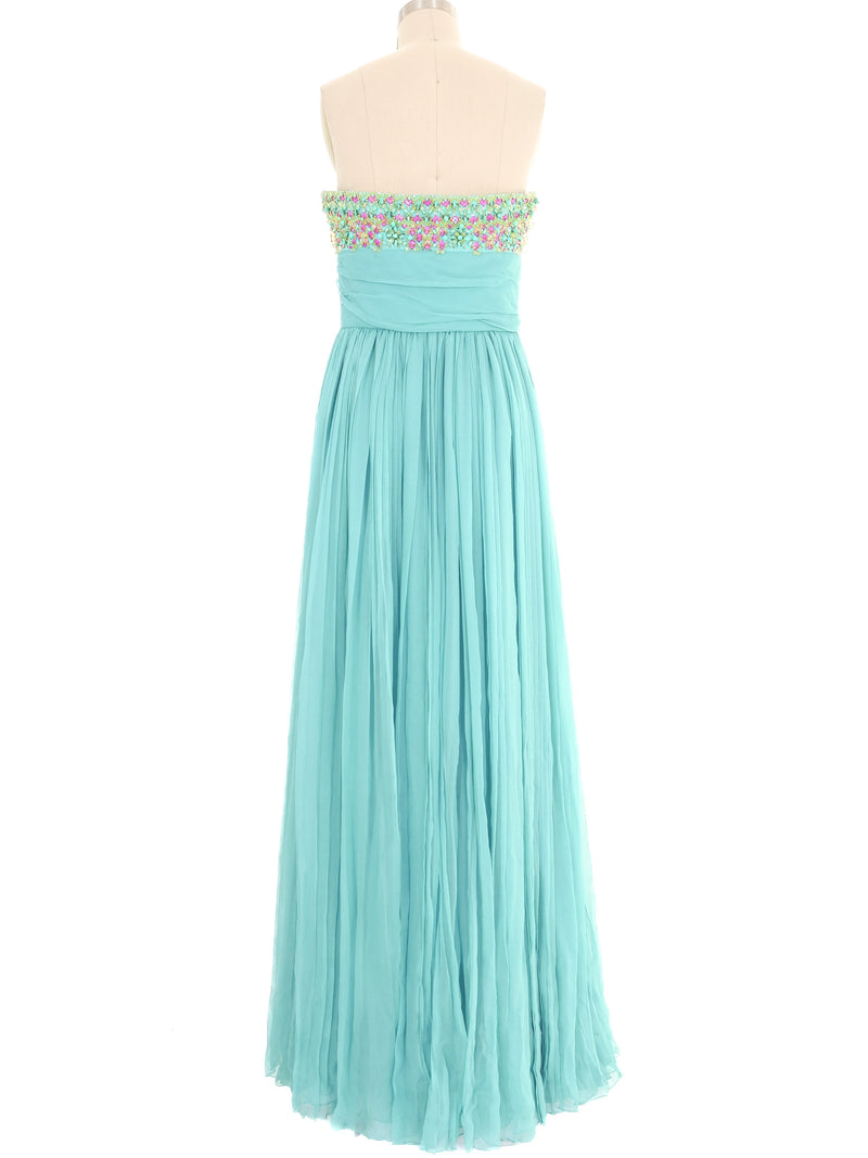 Christian Dior Turquoise Pleated Chiffon Strapless Gown Dress arcadeshops.com