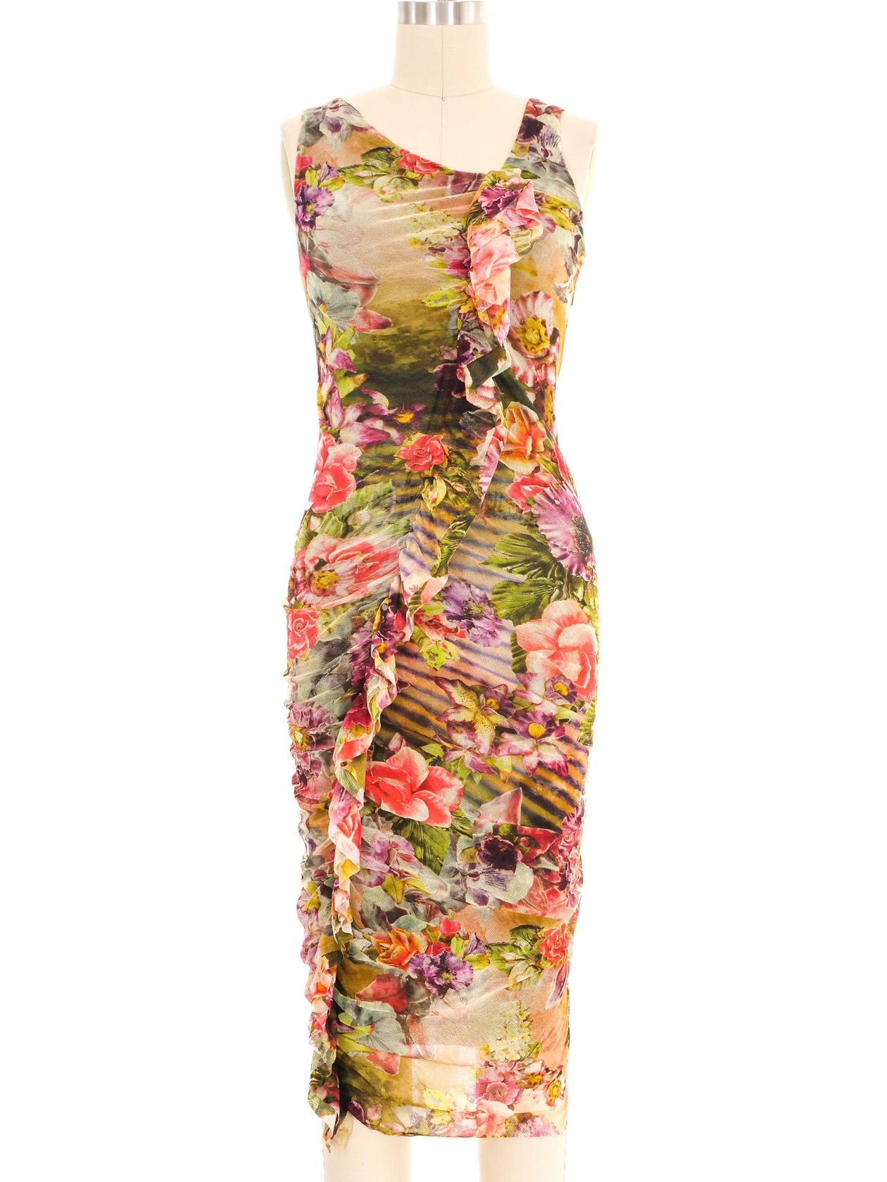 strapless open back dress Jean Paul Gaultier Ruched Floral Mesh Dress