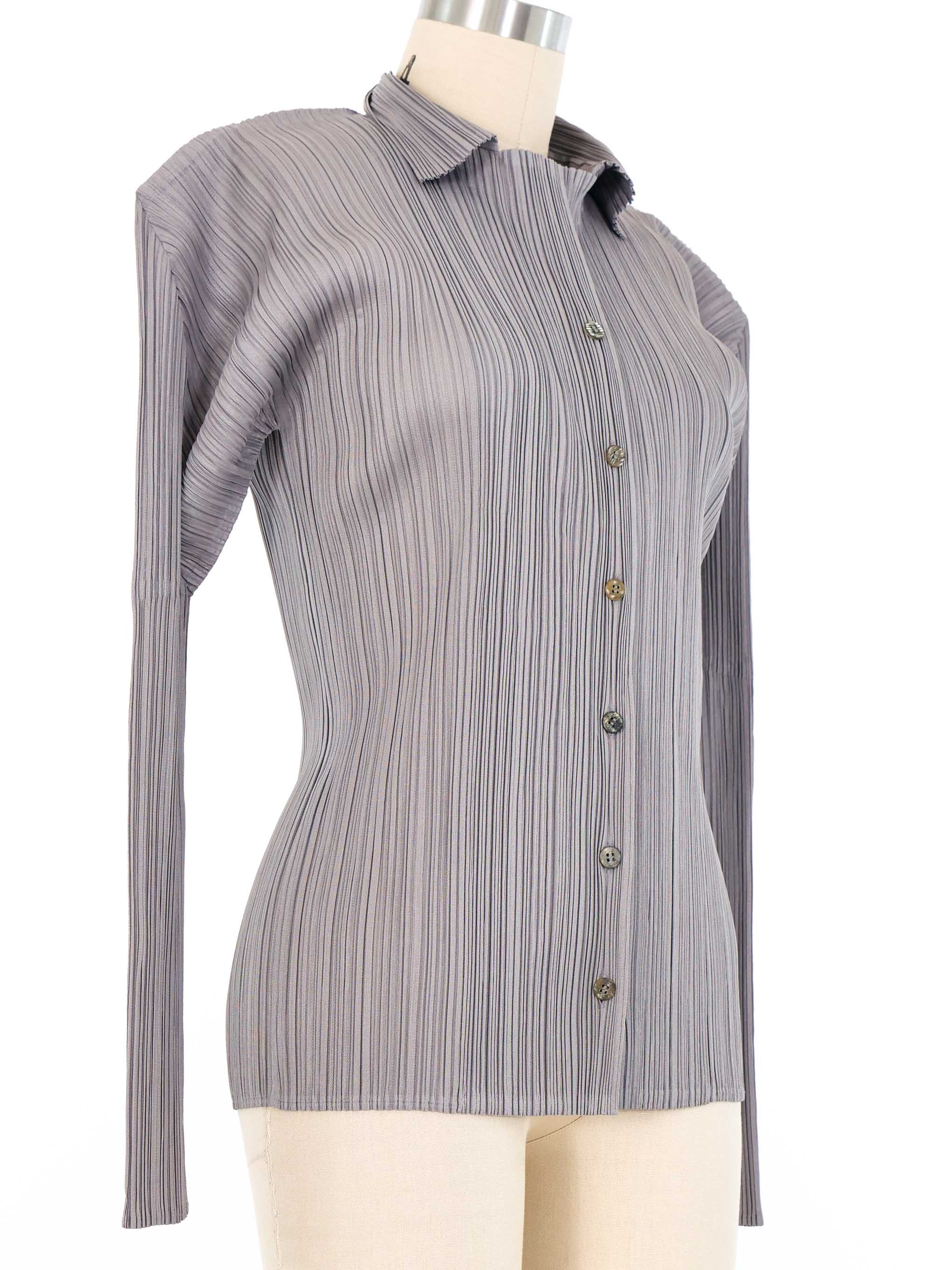 Issey Miyake Pleats Please Silver Long Sleeve Button Up