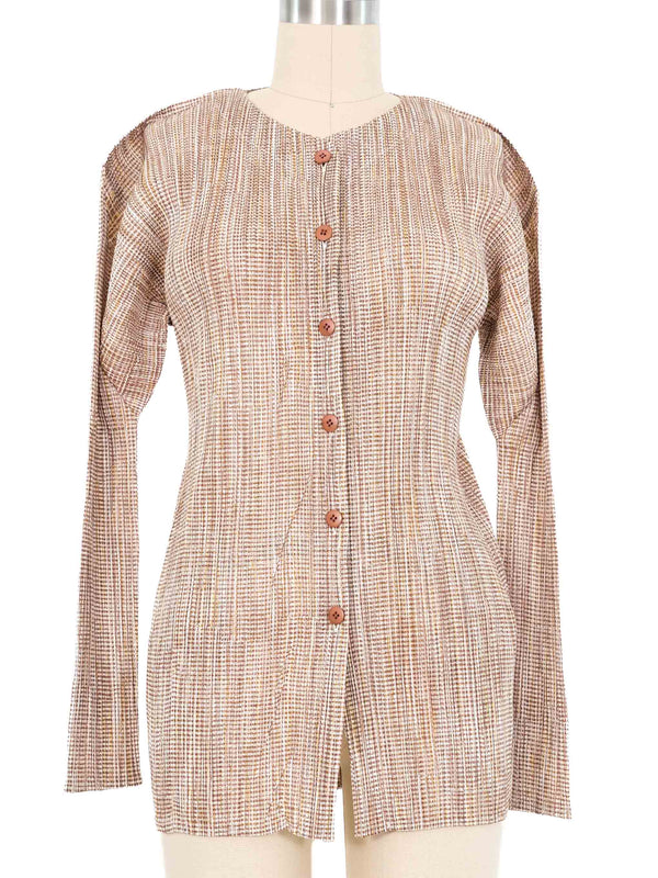 Issey Miyake Pleats Please Copper Striped Pleated Button Top Top arcadeshops.com