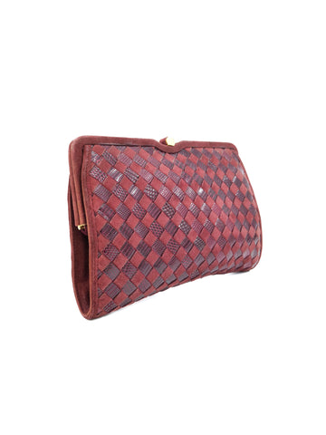 Bottega Veneta Intrecciato Burgundy Suede Clutch
