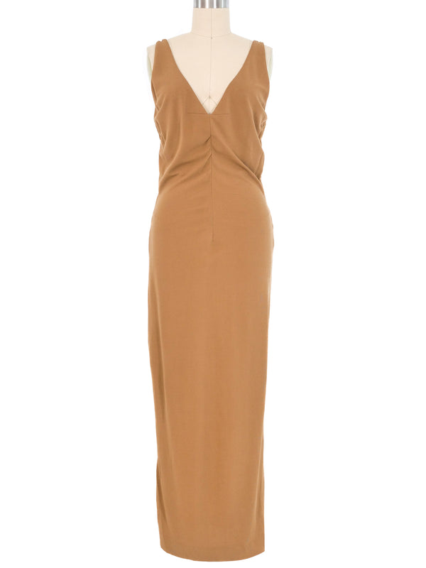 Dolce & Gabbana Tan Deep V Maxi Dress Dress arcadeshops.com