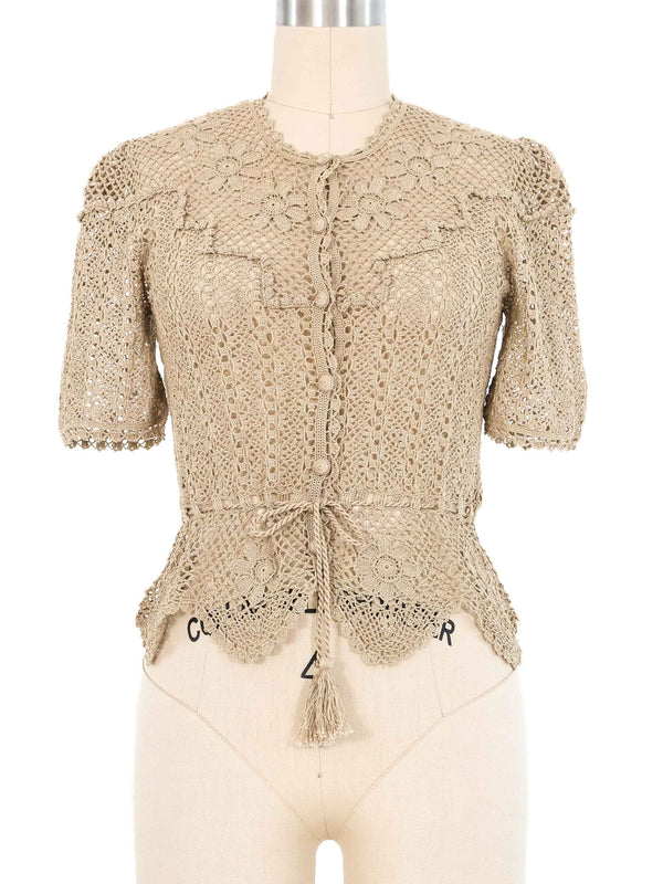 Natural Crochet Peplum Button Front Top Top arcadeshops.com
