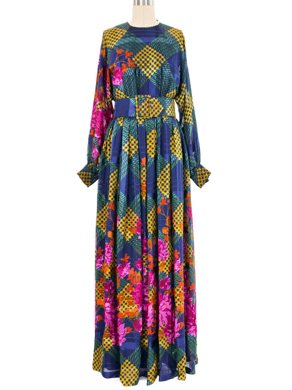 1970s Oscar de la Renta Printed Chiffon Belted Gown Dress arcadeshops.com