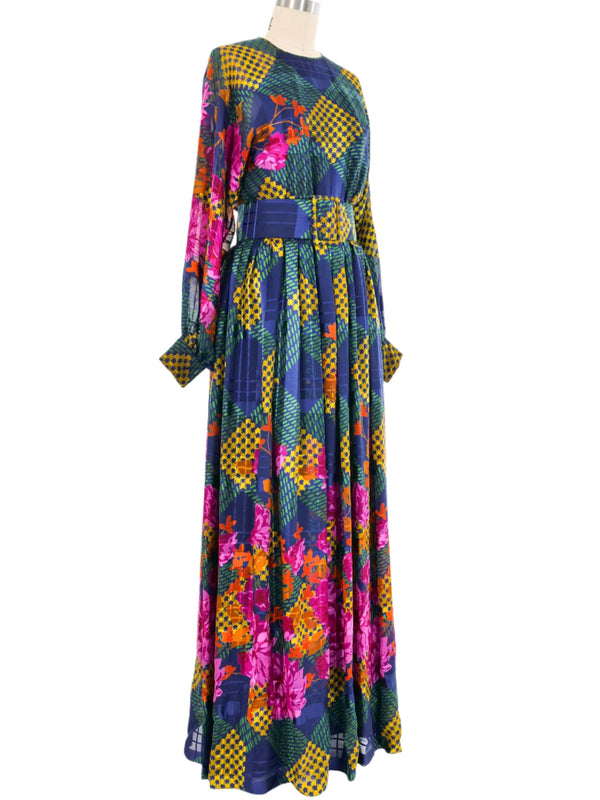 1970s Oscar de la Renta Printed Chiffon Belted Gown Dress arcadeshops.com