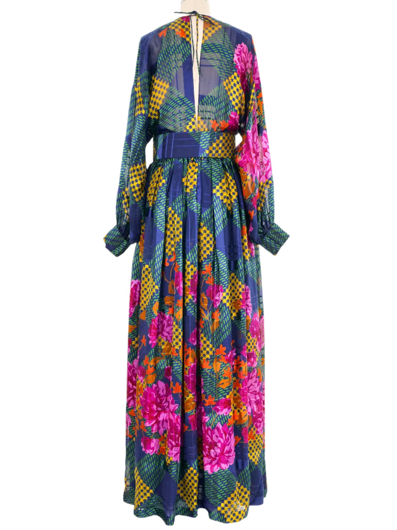 1970s Oscar de la Renta Printed Chiffon Belted Gown Dress arcadeshops.com