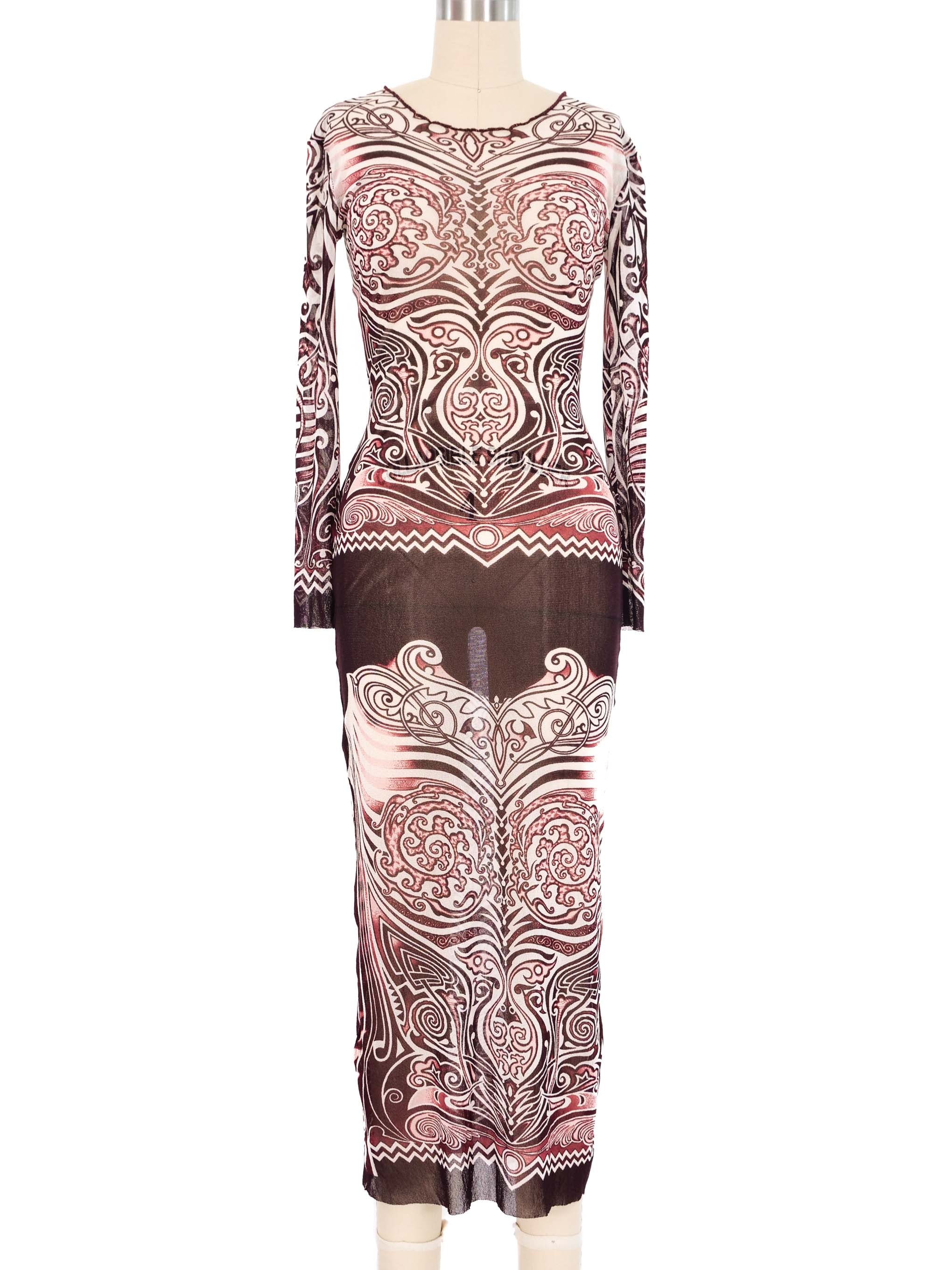 1996 Jean Paul Gaultier Tribal Tattoo Mesh Maxi Dress