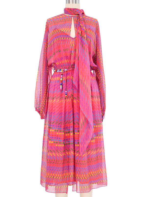 1970s Halston Magenta Rainbow Printed Chiffon Dress Ensemble Dress arcadeshops.com