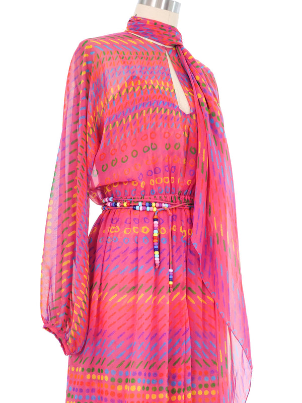 1970s Halston Magenta Rainbow Printed Chiffon Dress Ensemble Dress arcadeshops.com