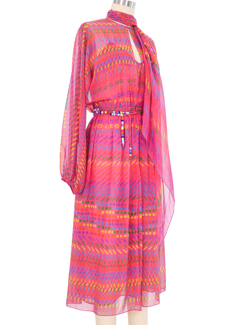 1970s Halston Magenta Rainbow Printed Chiffon Dress Ensemble Dress arcadeshops.com