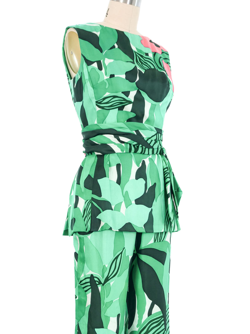 1960s Palm Printed Satin Pant Ensemble Suit arcadeshops.com