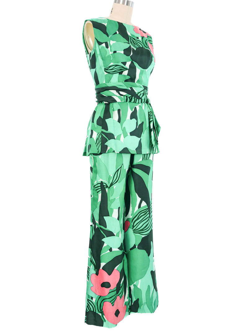 1960s Palm Printed Satin Pant Ensemble Suit arcadeshops.com
