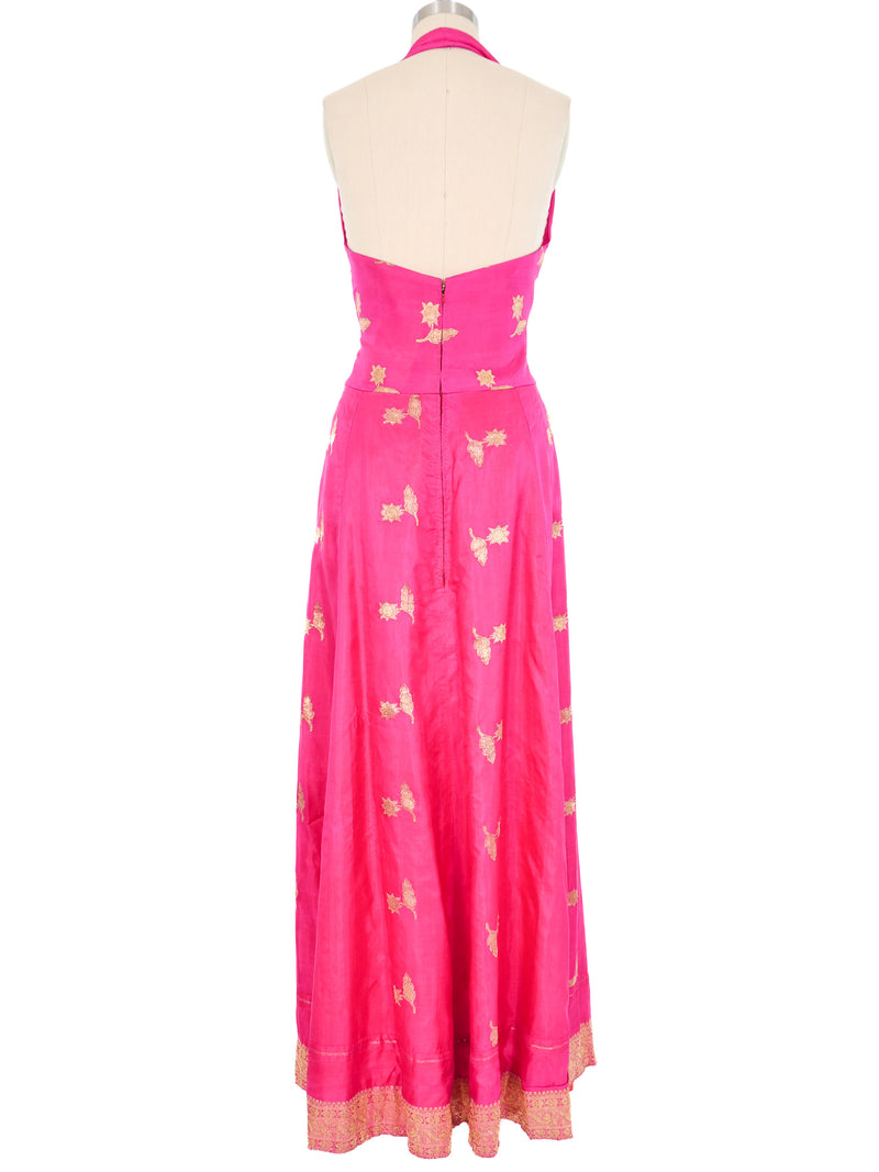 1960s Fuchsia Sari Silk Halter Gown Dress arcadeshops.com
