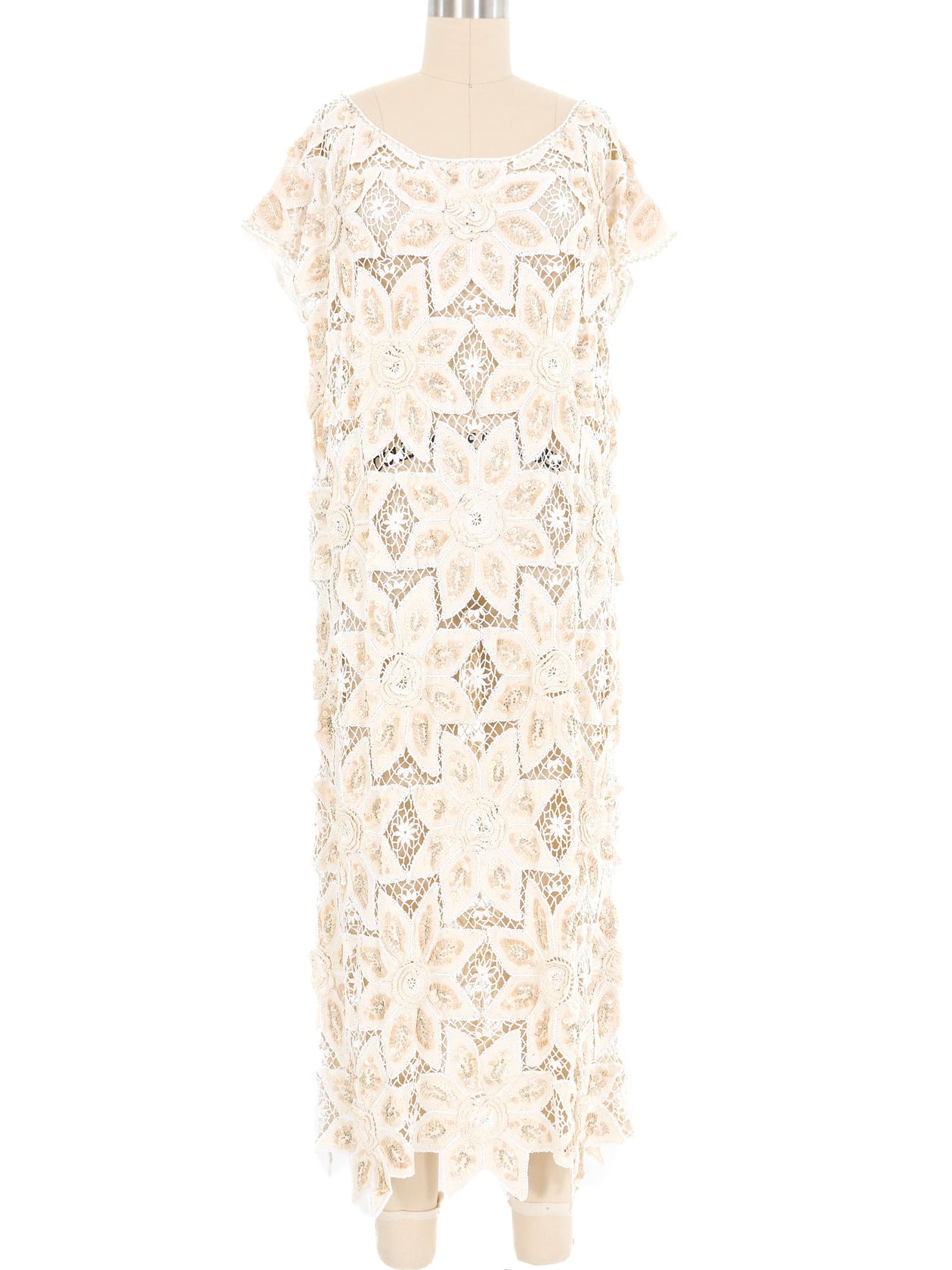 Cream Sequin Embellished Crochet Maxi Dress Large