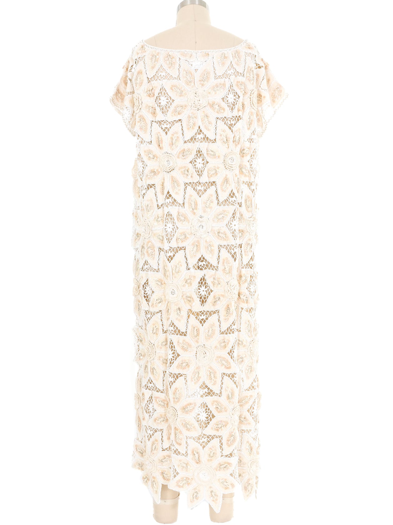 Cream Sequin Embellished Crochet Maxi Dress