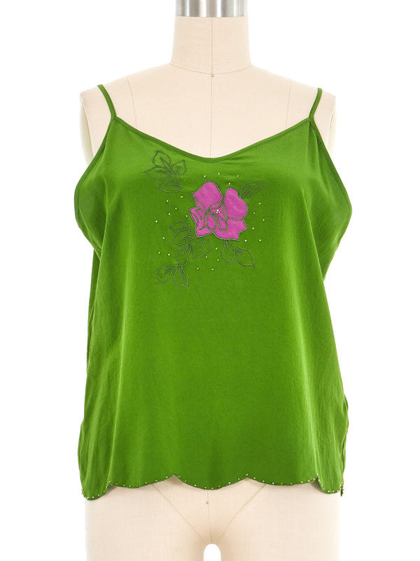 Green Silk Floral Applique Cami Top arcadeshops.com