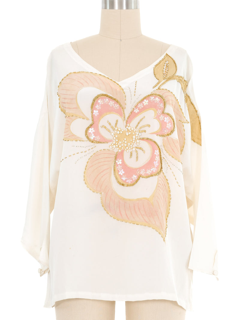 White Embellished Painted Silk Floral Top Top arcadeshops.com