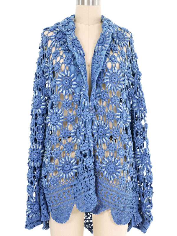 Blue Embellished Floral Crochet Jacket Jacket arcadeshops.com