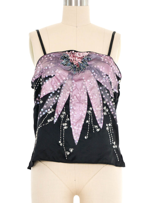 Black Embellished Painted Floral Silk Cami Top arcadeshops.com