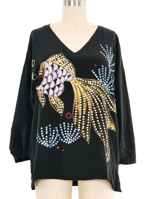 Black Embellished Painted Fish Silk Top Top arcadeshops.com