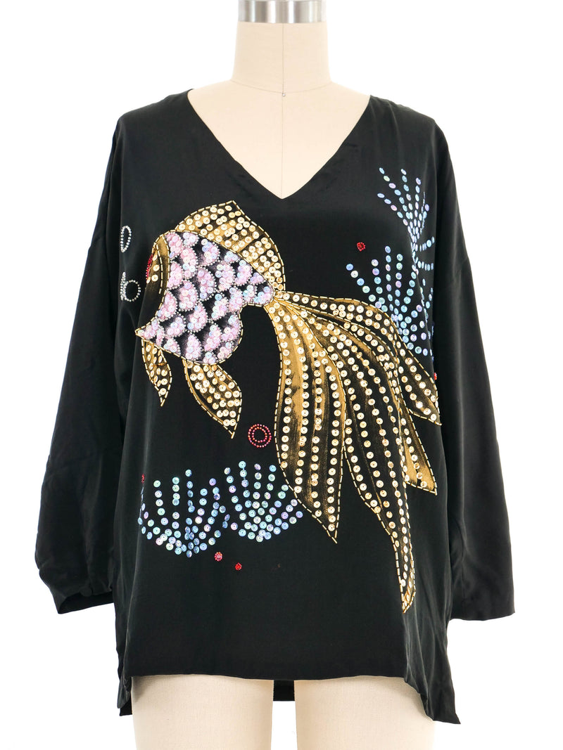 Black Embellished Painted Fish Silk Top Top arcadeshops.com