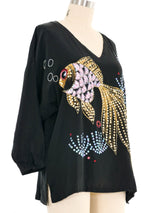 Black Embellished Painted Fish Silk Top Top arcadeshops.com